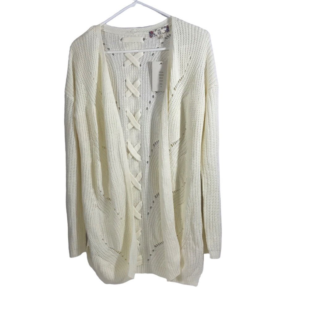 Pink Rose vintage Cable Knit Open Front Cardigan size Medium, ivory